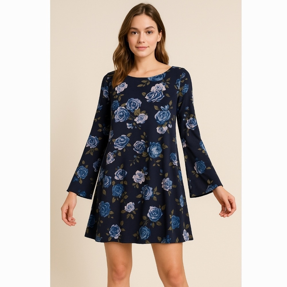 Badgley Mischka Navy Blue Floral Mini Dress Size L Bell Sleeves Romantic Boho
